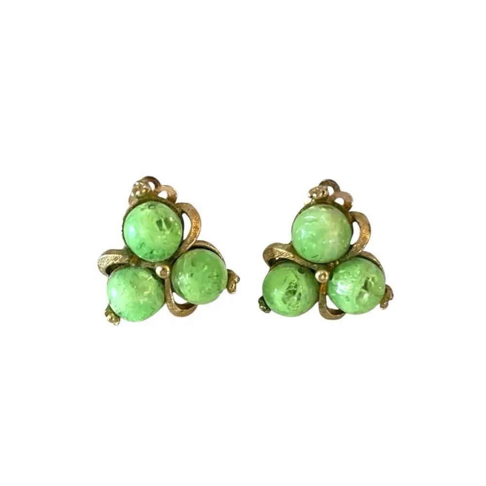 Vintage Mid Century Green Beaded Clip On Earrings